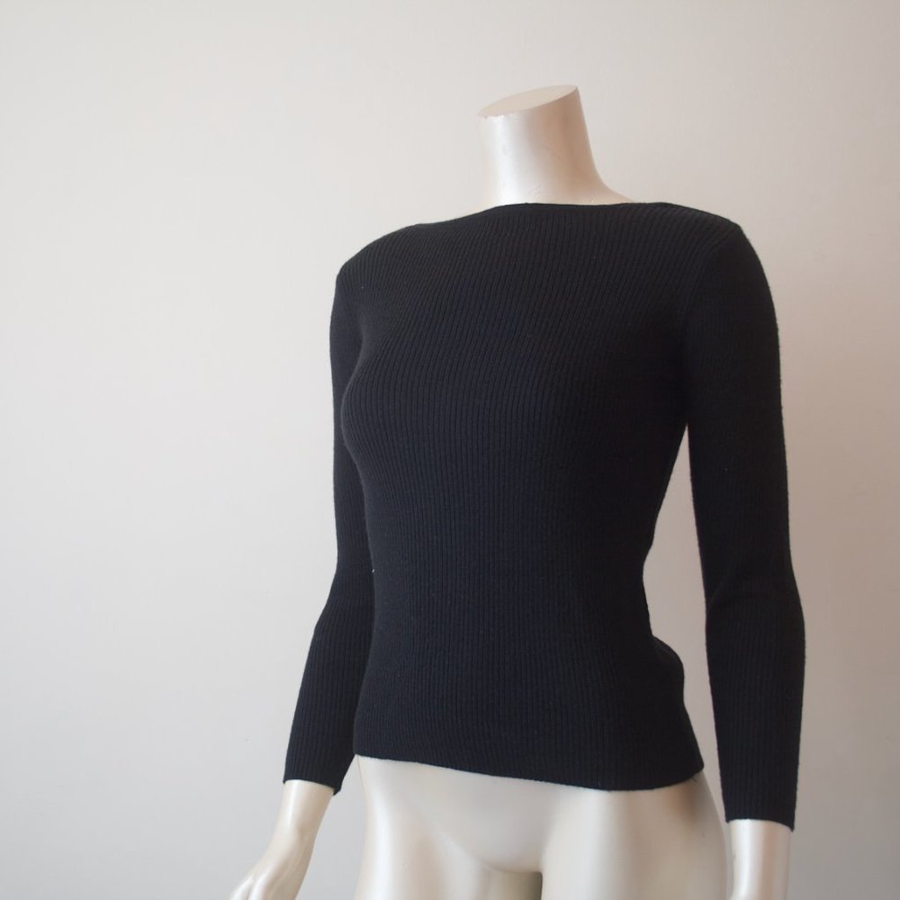 Talbots 100% Merino Wool Black Ribbed Sweater Vintage 90s Crew - P
